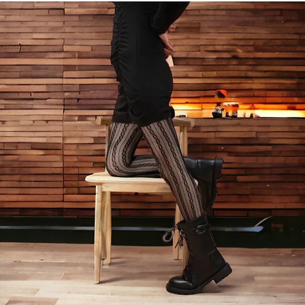 Twist Pattern Black Pantyhose,‎ Sexy Slim Fit Footed Pantyhose One Size